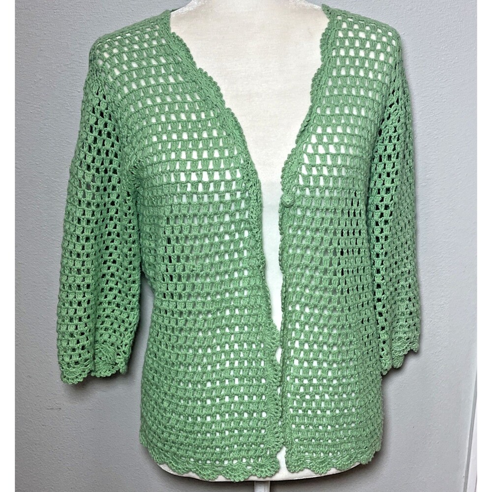 Norm Thompson Womens knit crochet Cardigan Sweater Medium Linen green smALL VTG